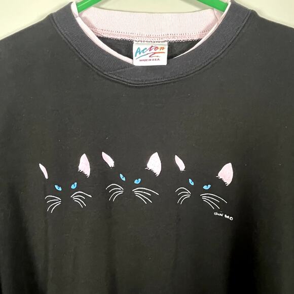 VINTAGE ACTON Lg Black Cat Face Printed Sweatshirt Pink Accents 1986 Made in USA - Picture 2 of 7